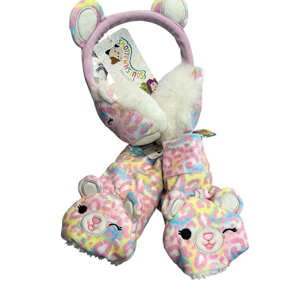 Squishmallows Michaela Earmuffs Mittens Set Glittens Cat Bear Leopard Print NWT - Picture 1 of 3